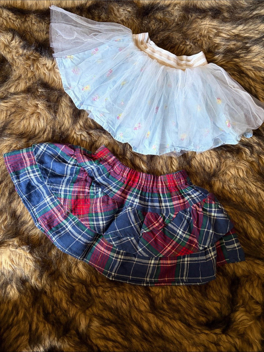 Blue Floral Tulle Skirt (Disney)& Navy Red Plaid Skirt Duo Size 2T